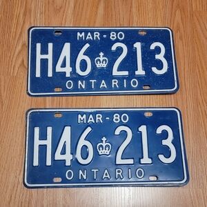 Pair Expired Ontario License Plate MAR-80 H46 213